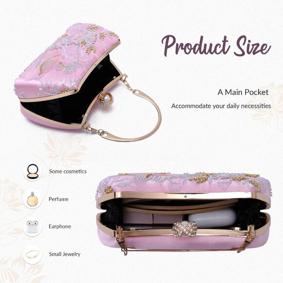 ⚡ Women\'s Floral Sequin Light Pink Embroidery Evening Beaded Clutch Handbag
